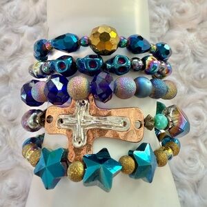 Multicolor Iridescent Handmade Beaded Bracelet Set with Cross Charm